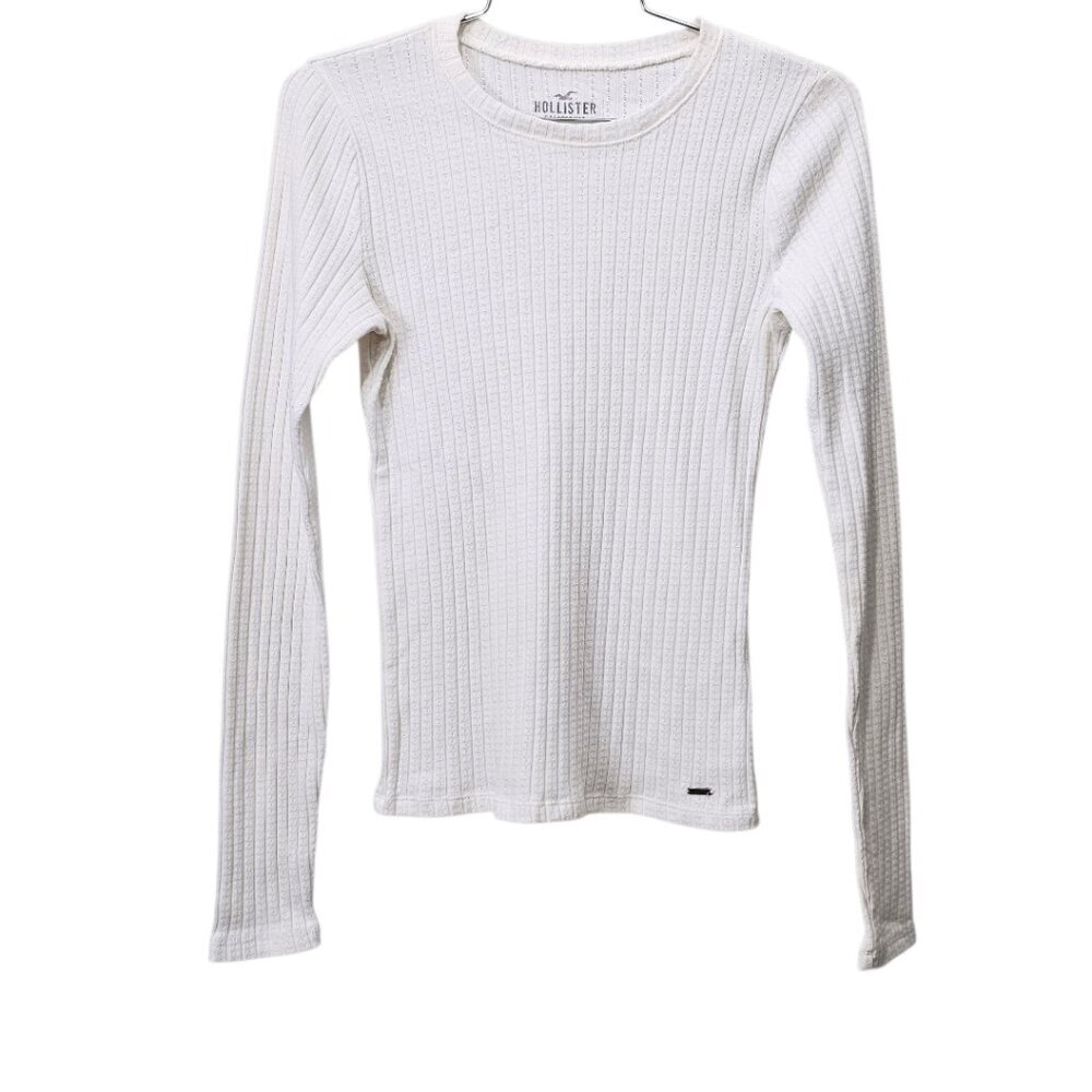Hollister Long Sleeve Textured Crewneck Cotton Blend Y2K White Knit Top